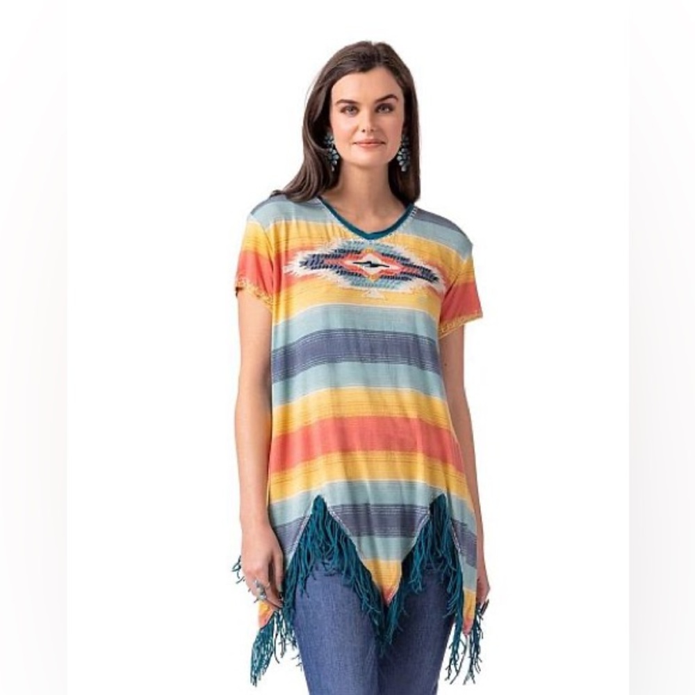 Double D Ranch Women's Eye Of The Tiger Fringe Shirt Sleeve Top- Size XS
